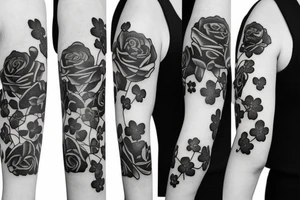 I want a mostly black sleeve with white roses and green clover tattoo idea