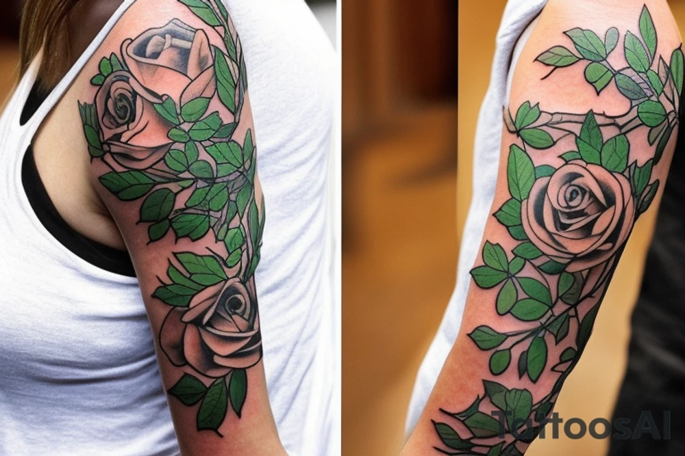 I want a mostly black sleeve with white roses and green clover tattoo idea