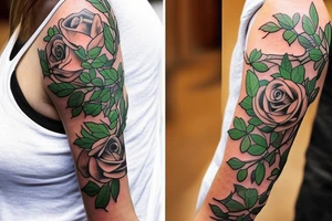 I want a mostly black sleeve with white roses and green clover tattoo idea