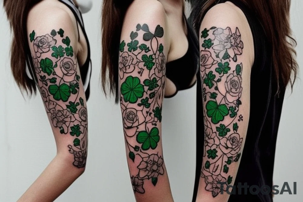 I want a mostly black sleeve with white roses and green clover tattoo idea