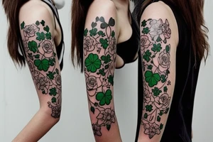 I want a mostly black sleeve with white roses and green clover tattoo idea