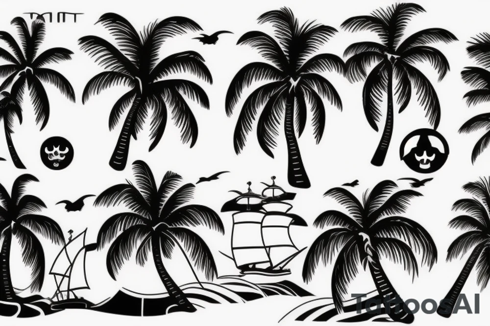 Ocean, palm trees, black pearl, pirate ship tattoo idea