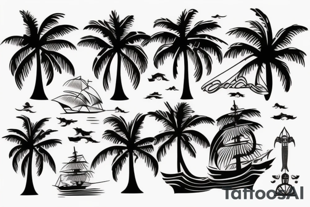 Ocean, palm trees, black pearl, pirate ship tattoo idea