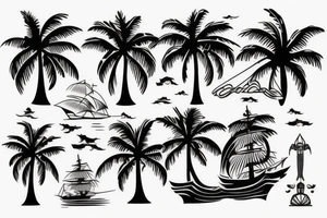 Ocean, palm trees, black pearl, pirate ship tattoo idea