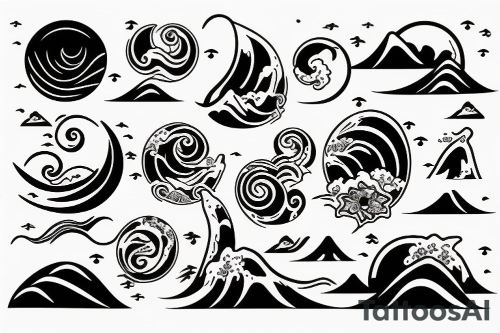 Sunset on a beach with waves tattoo idea