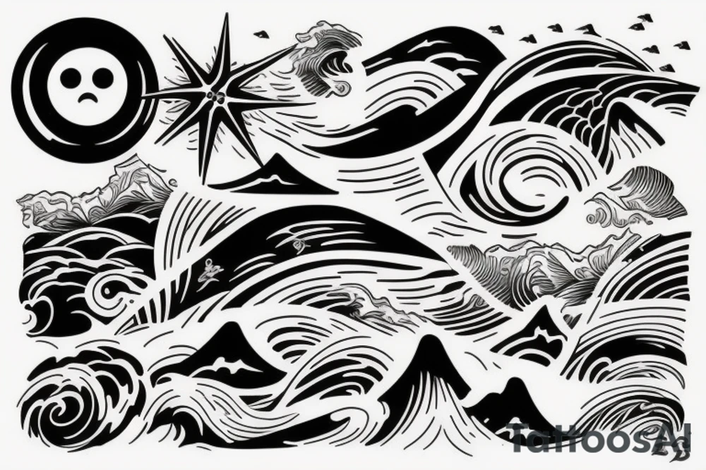 Sunset on a beach with waves tattoo idea