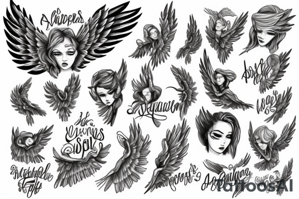 Angels with sky and script names in sky tattoo idea