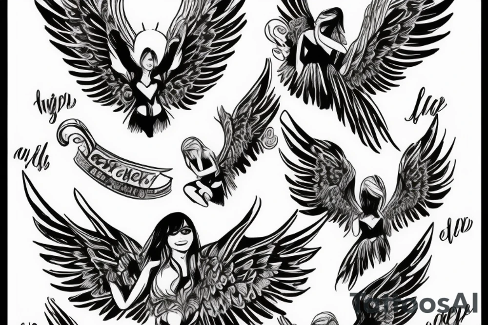 Angels with sky and script names in sky tattoo idea