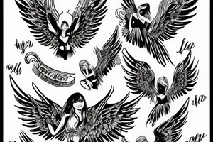 Angels with sky and script names in sky tattoo idea