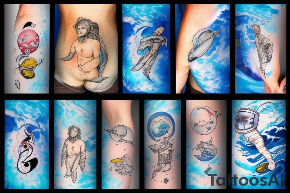 Astronaut in the ocean falling with cataclysmic background tattoo idea