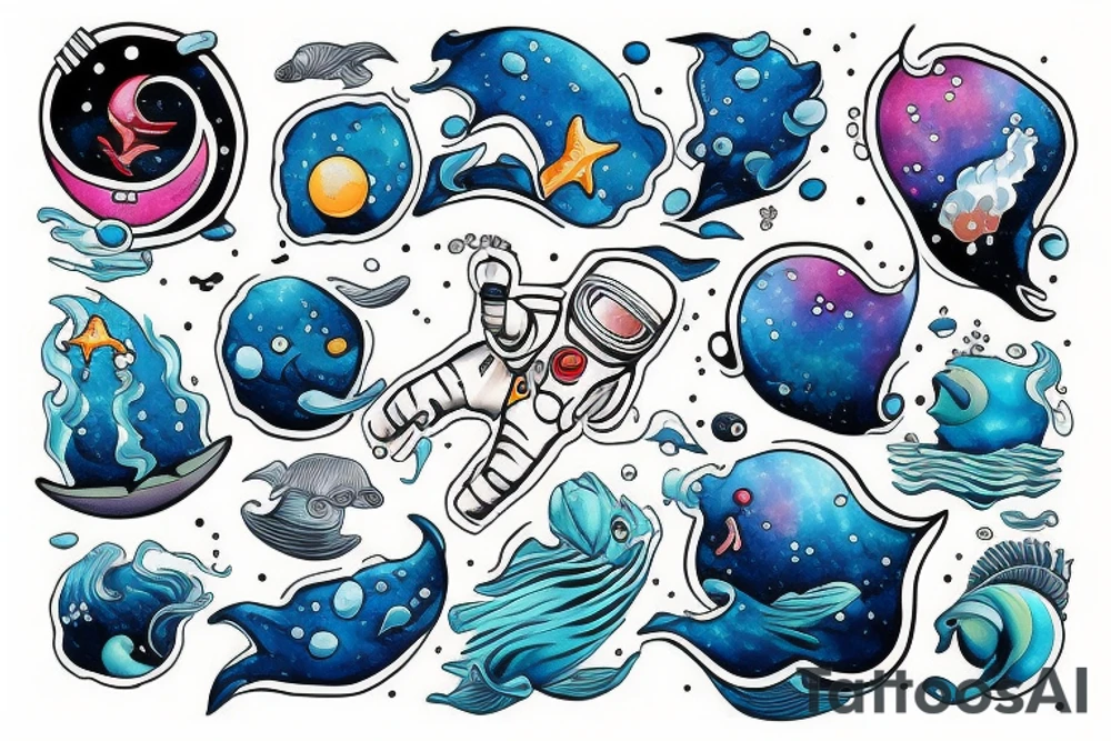 Astronaut in the ocean falling with cataclysmic background tattoo idea