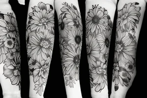 Rose
Chrysanthemum 
Cosmos 
Violet 
all in bouquet tattoo idea