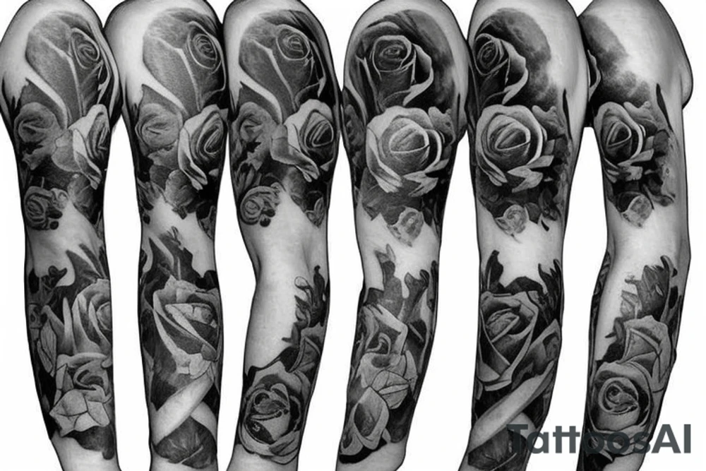 Full sleeve, Music, roses, knives tattoo idea Full sleeve, Music, roses, knives tattoo idea