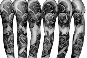 Full sleeve, Music, roses, knives tattoo idea