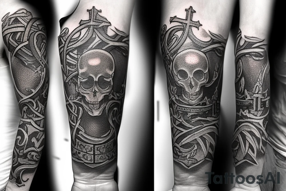 Half left upper arm sleeve with symbolism including a. Elric cross, a scorpion, a small fire, a symbol for steadfast, a longhorn skull and the word truth on a scroll.  Fill the rest of the tattoo.  Use intricate detail and have the symbols flowing together. tattoo idea