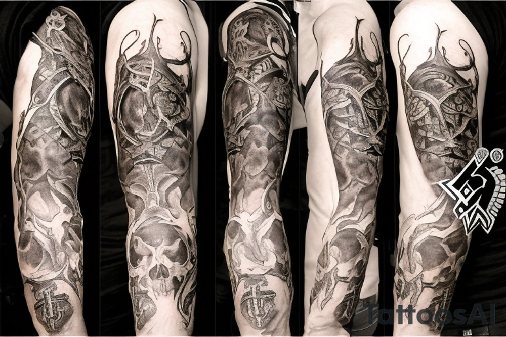 Half left upper arm sleeve with symbolism including a. Elric cross, a scorpion, a small fire, a symbol for steadfast, a longhorn skull and the word truth on a scroll.  Fill the rest of the tattoo.  Use intricate detail and have the symbols flowing together. tattoo idea
