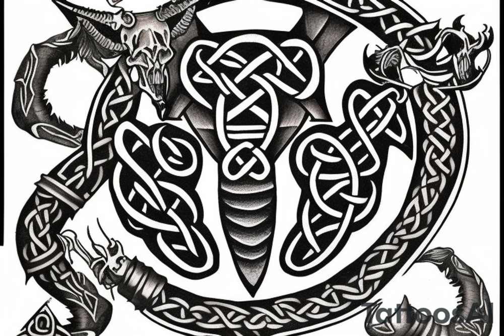 Half sleeve for left arm into my chest with a Celtic cross, a longhorn skull, a small fire, a blacksmith forge, a scorpion and a scroll with “TRUTH” written on it tattoo idea