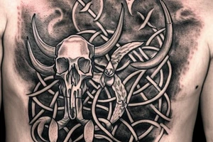 Half sleeve for left arm into my chest with a Celtic cross, a longhorn skull, a small fire, a blacksmith forge, a scorpion and a scroll with “TRUTH” written on it tattoo idea