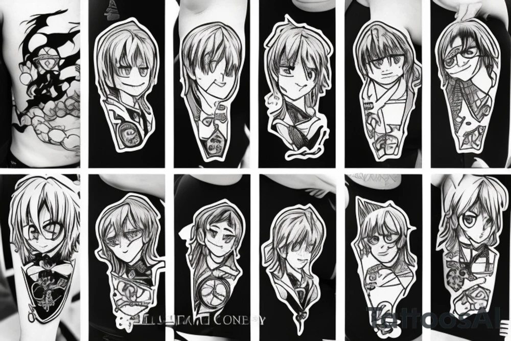 Anime AND Harry Potter collorfull shoulder arm tattoo idea