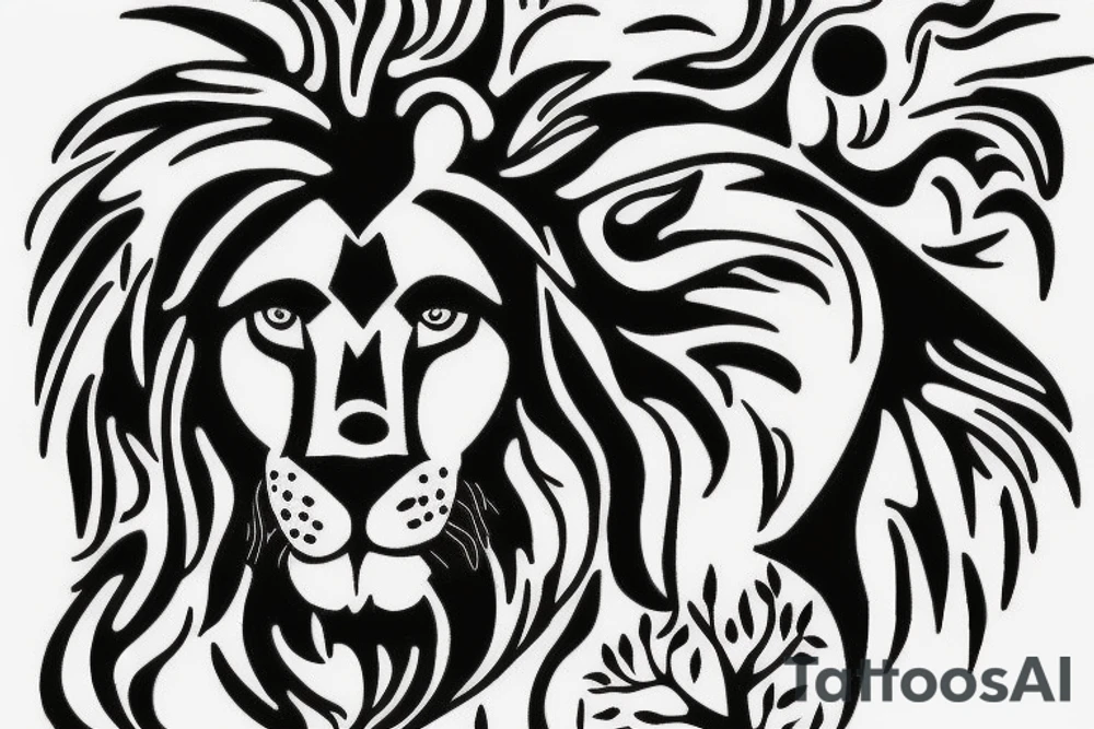 lion with tree of world tattoo idea