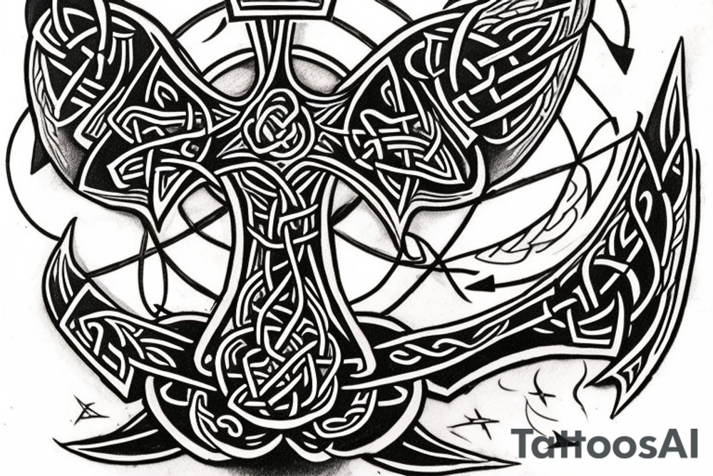 Half sleeve for left arm into my chest with a Celtic cross, a longhorn, a small fire, a blacksmith forge, a scorpion and a scroll with “TRUTH” written on it tattoo idea