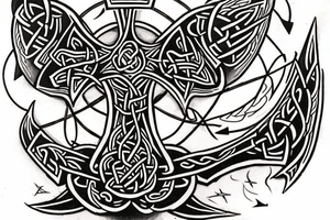 Half sleeve for left arm into my chest with a Celtic cross, a longhorn, a small fire, a blacksmith forge, a scorpion and a scroll with “TRUTH” written on it tattoo idea