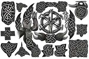 Half sleeve for left arm into my chest with a Celtic cross, a longhorn, a small fire, a blacksmith forge, a scorpion and a scroll with “TRUTH” written on it tattoo idea