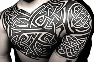 A Celtic design left half sleeve extending into chest.  Include these symbols: Celtic cross, scorpion, small fire, blacksmith iron, and a banner with “TRUTH” inscribed tattoo idea