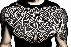 A Celtic design left half sleeve extending into chest.  Include these symbols: Celtic cross, scorpion, small fire, blacksmith iron, and a banner with “TRUTH” inscribed tattoo idea