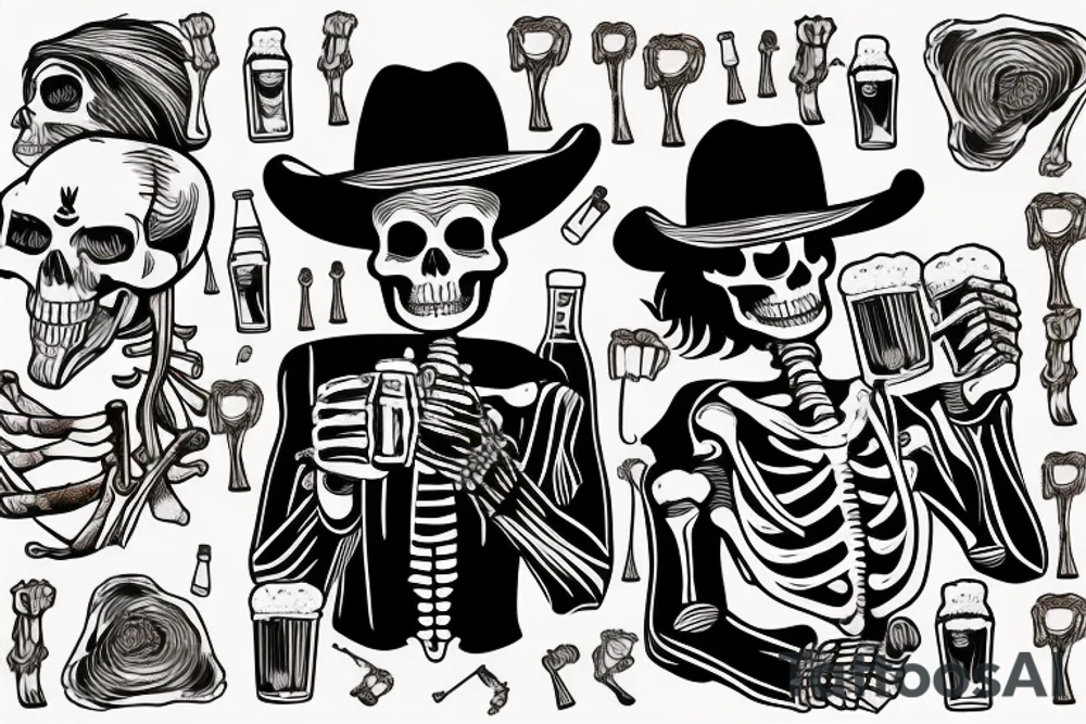 A skeleton cowboy drinking beer with a barrel of beer next to him and I want it in the middle of the desert tattoo idea