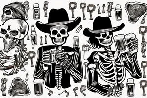A skeleton cowboy drinking beer with a barrel of beer next to him and I want it in the middle of the desert tattoo idea