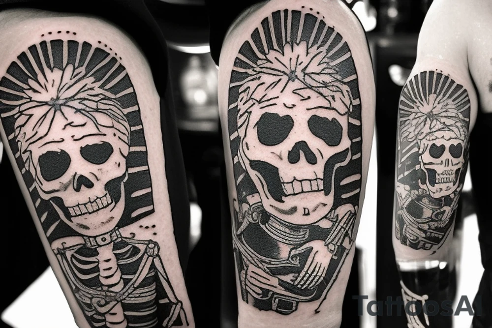 A skeleton cowboy drinking beer with a barrel of beer next to him and I want it in the middle of the desert tattoo idea