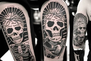 A skeleton cowboy drinking beer with a barrel of beer next to him and I want it in the middle of the desert tattoo idea