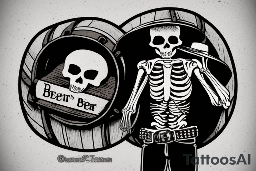 A skeleton cowboy drinking beer with a barrel of beer next to him and I want it in the middle of the desert tattoo idea