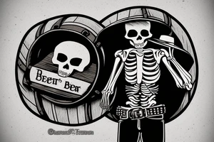 A skeleton cowboy drinking beer with a barrel of beer next to him and I want it in the middle of the desert tattoo idea
