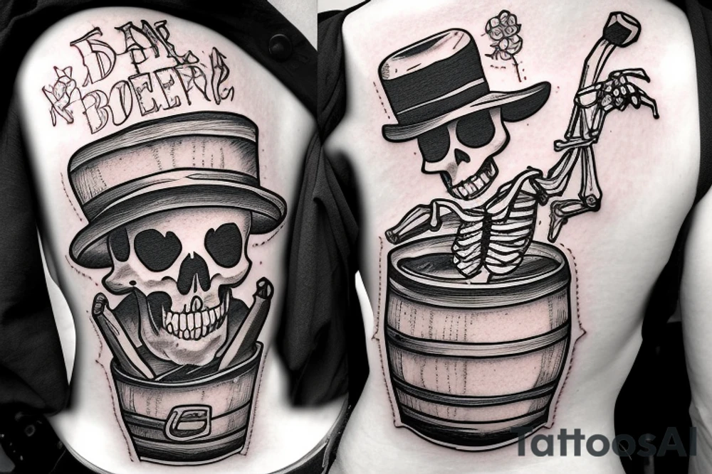 A skeleton cowboy drinking beer with a barrel of beer next to him and I want it in the middle of the desert tattoo idea