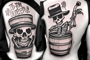 A skeleton cowboy drinking beer with a barrel of beer next to him and I want it in the middle of the desert tattoo idea