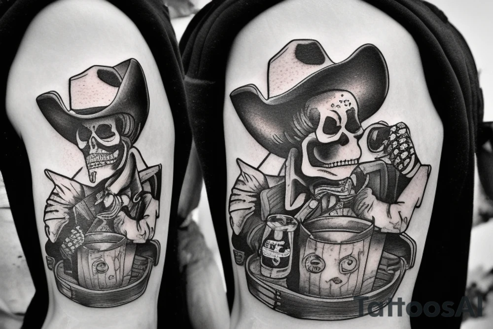 A skeleton cowboy drinking beer with a barrel of beer next to him and I want it in the middle of the desert tattoo idea