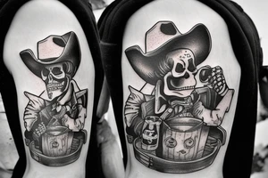 A skeleton cowboy drinking beer with a barrel of beer next to him and I want it in the middle of the desert tattoo idea