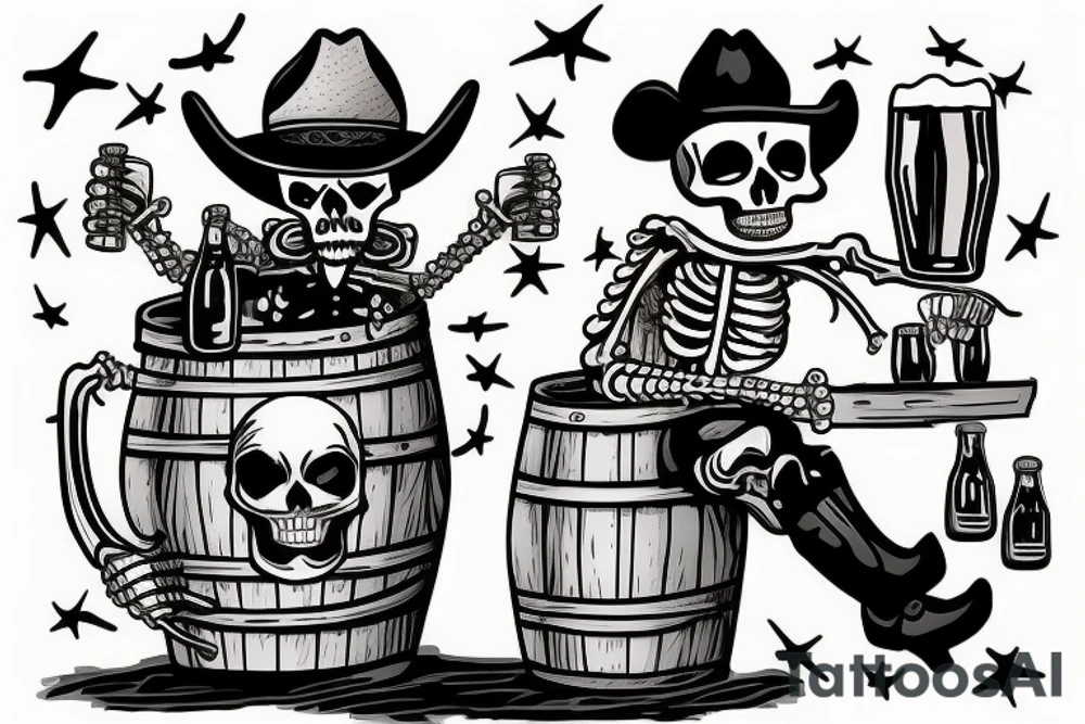 A skeleton cowboy drinking beer with a barrel of beer next to him and I want it in the middle of the desert tattoo idea