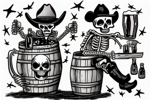 A skeleton cowboy drinking beer with a barrel of beer next to him and I want it in the middle of the desert tattoo idea