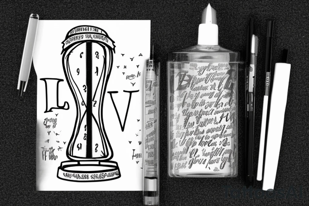 Hour glass with letters falling through from the phrase being true to her til my glass rubs out of sand tattoo idea Hour glass with letters falling through from the phrase being true to her til my glass rubs out of sand tattoo idea