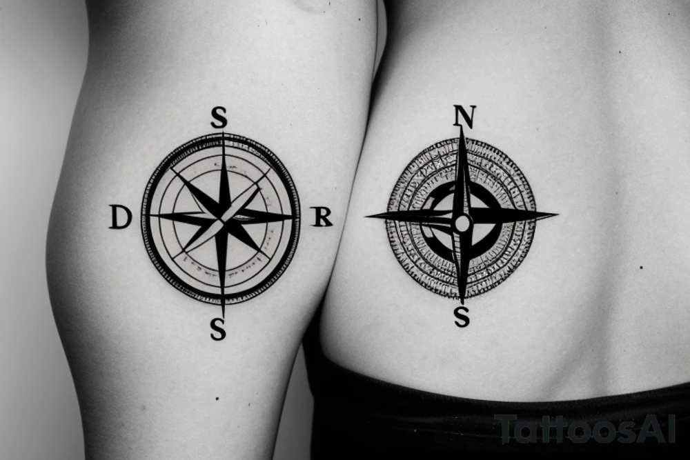 An infinity symbol with a compass in the center and a tree with roots in the back tattoo idea
