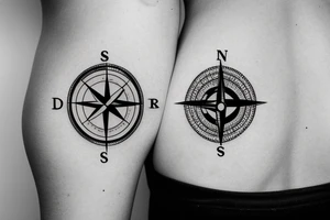 An infinity symbol with a compass in the center and a tree with roots in the back tattoo idea
