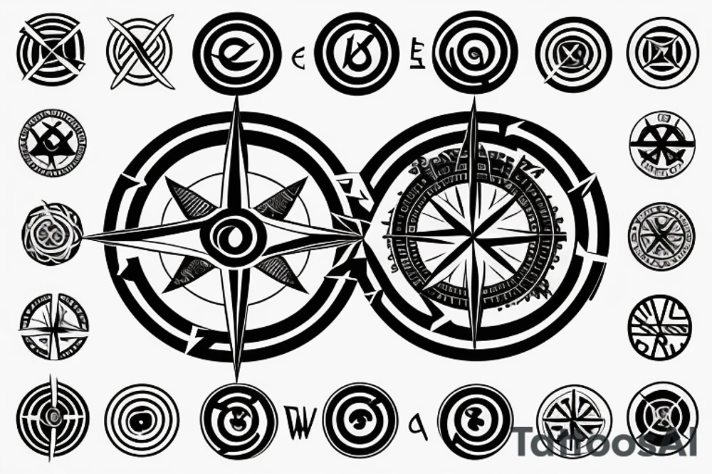 An infinity symbol with a compass in the center and a tree with roots in the back tattoo idea