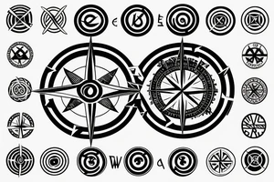 An infinity symbol with a compass in the center and a tree with roots in the back tattoo idea