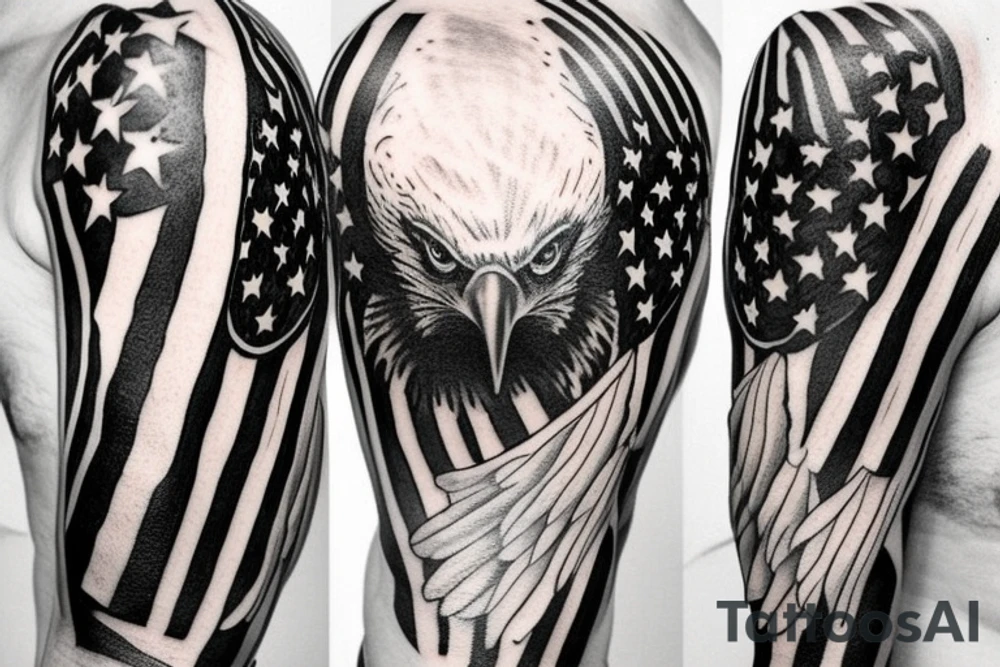 realistic black and white American flag and bald eagle head for right chest and right shoulder tattoo idea
