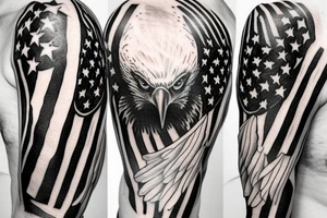 realistic black and white American flag and bald eagle head for right chest and right shoulder tattoo idea
