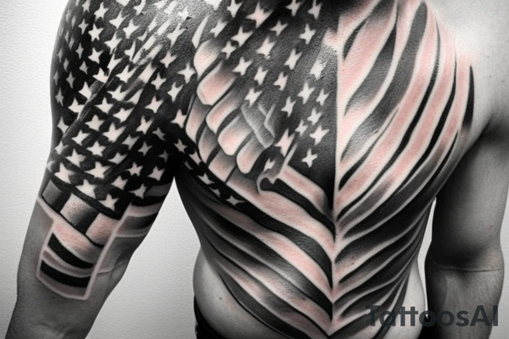 realistic black and white American flag and bald eagle head for right chest and right shoulder tattoo idea