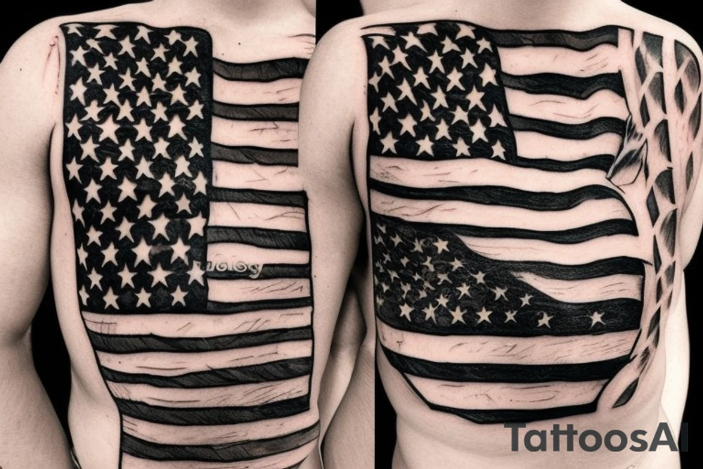 realistic black and white American flag for right chest and right shoulder tattoo idea